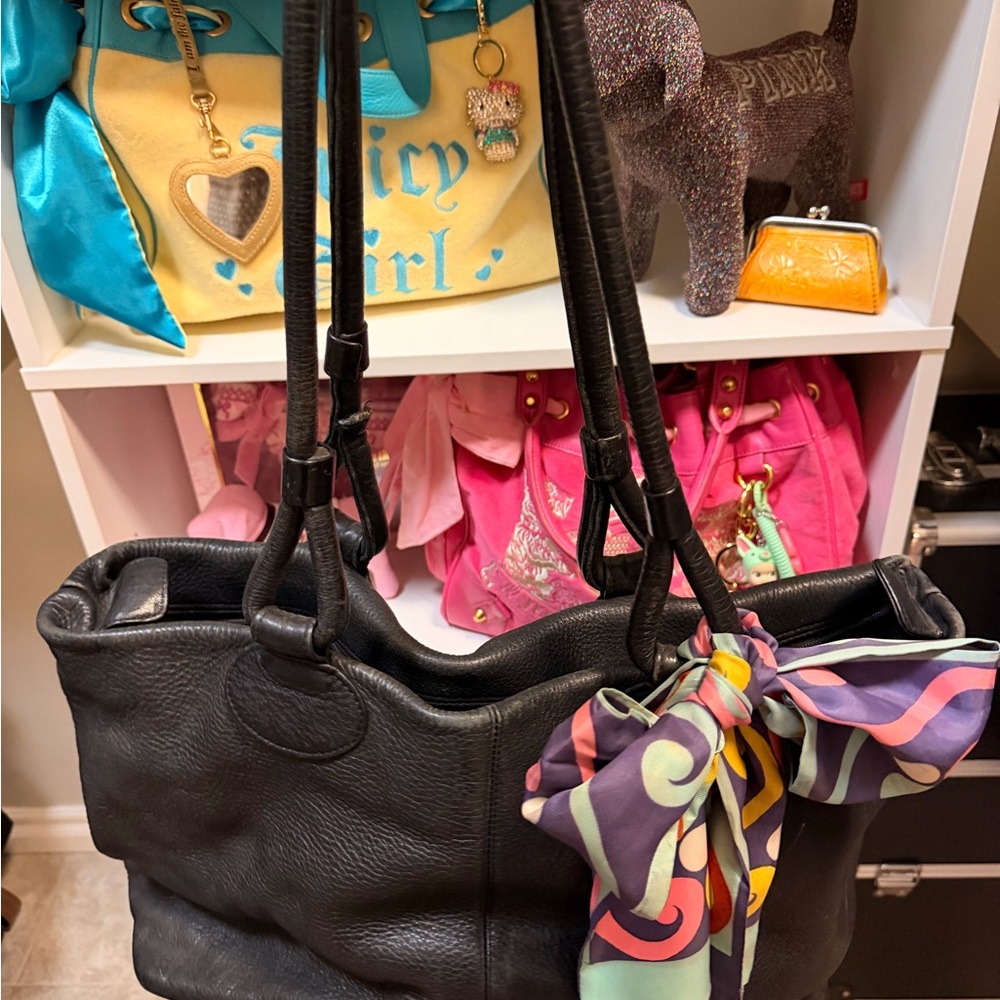 Black Leather Saks Fifth avenue Handbag with Colorful Scarf